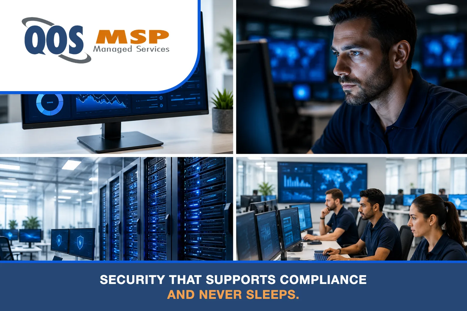 Four scenes of QOS MSP security administration: analyst at work, a threat dashboard, an IT team in navy polos, and a secured server environment