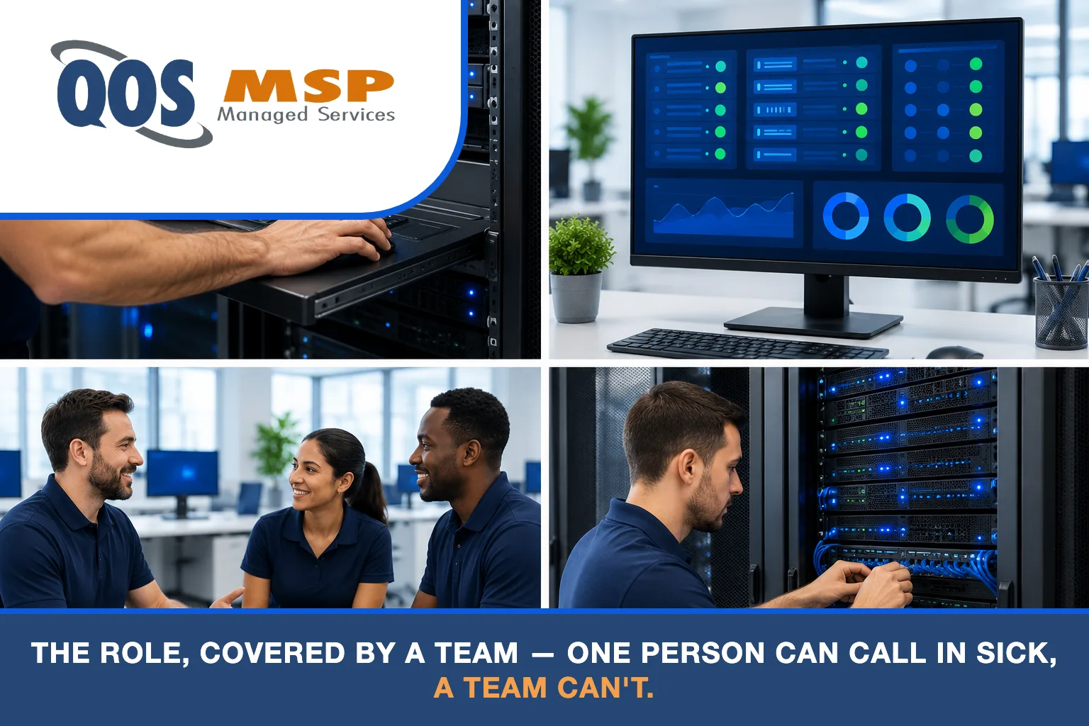 Four scenes of QOS MSP system administration: console work, a server dashboard, an IT team in navy polos, and server-rack maintenance