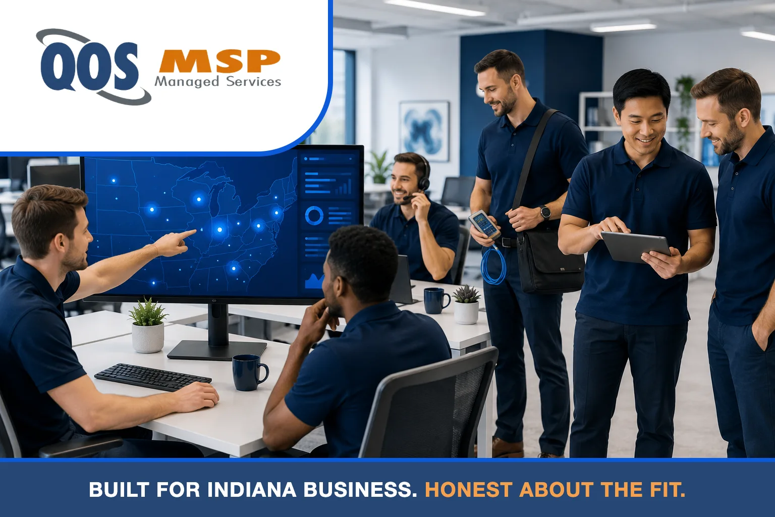 QOS MSP technicians in navy polos working around a regional coverage map dashboard — built for Indiana business, honest about the fit