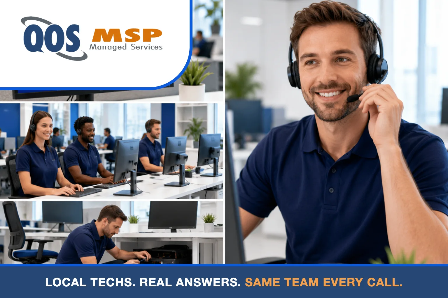 QOS MSP support technicians answering calls, working at monitors, and repairing a workstation