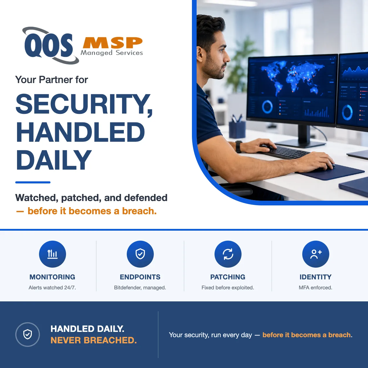 Security analyst reviewing a threat-monitoring dashboard on dual monitors