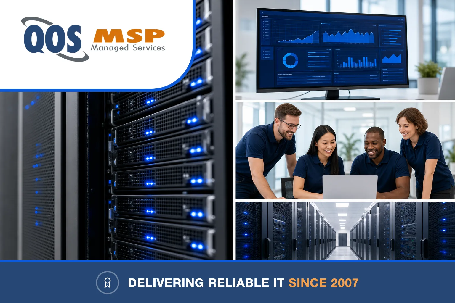 QOS MSP server infrastructure team and data center racks serving Indianapolis businesses