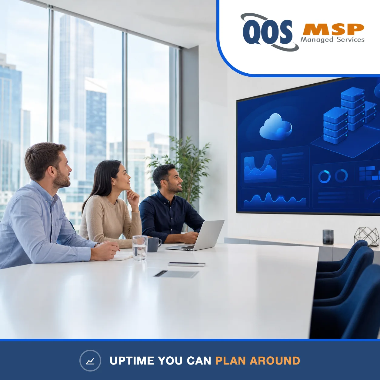 Business leaders reviewing server uptime and infrastructure performance on a wall display