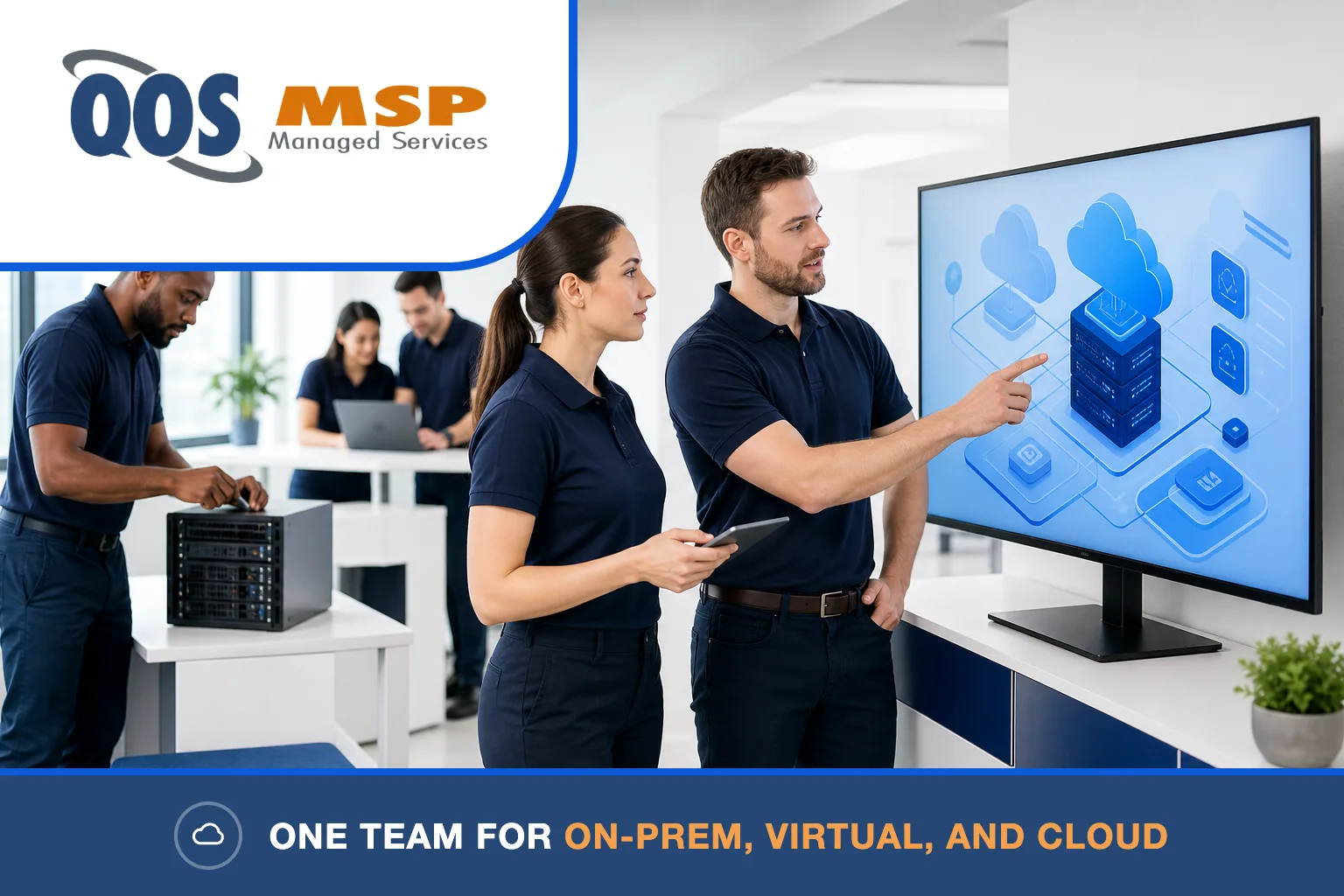 QOS MSP IT team supporting on-premises, virtualized, and cloud server environments