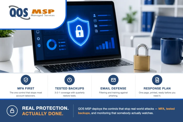 QOS MSP small business cybersecurity checklist - MFA, tested backups, email defense, response plan