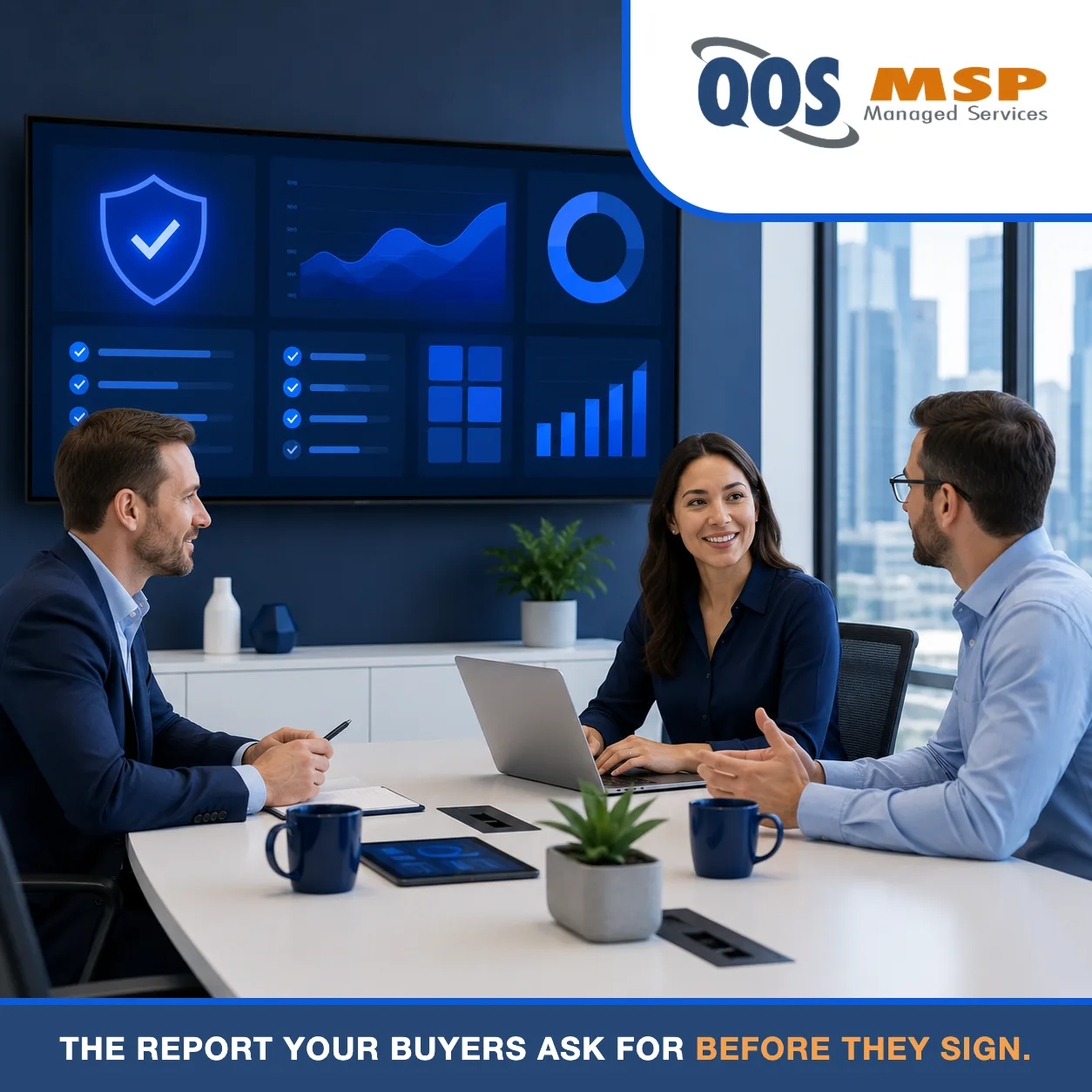 Executives reviewing a SOC 2 compliance dashboard in a boardroom