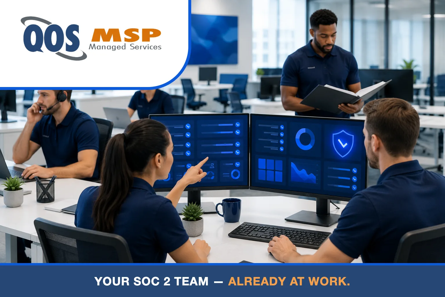 QOS MSP SOC 2 team at work monitoring compliance dashboards in a bright office