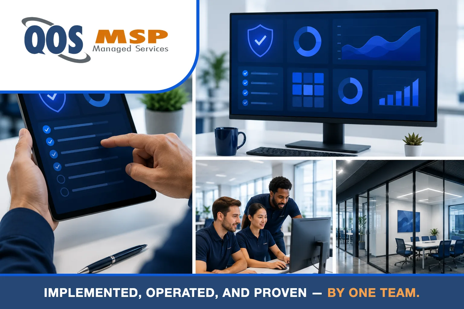 QOS MSP compliance team implementing and operating SOC 2 controls - checklist, dashboard, and office scenes
