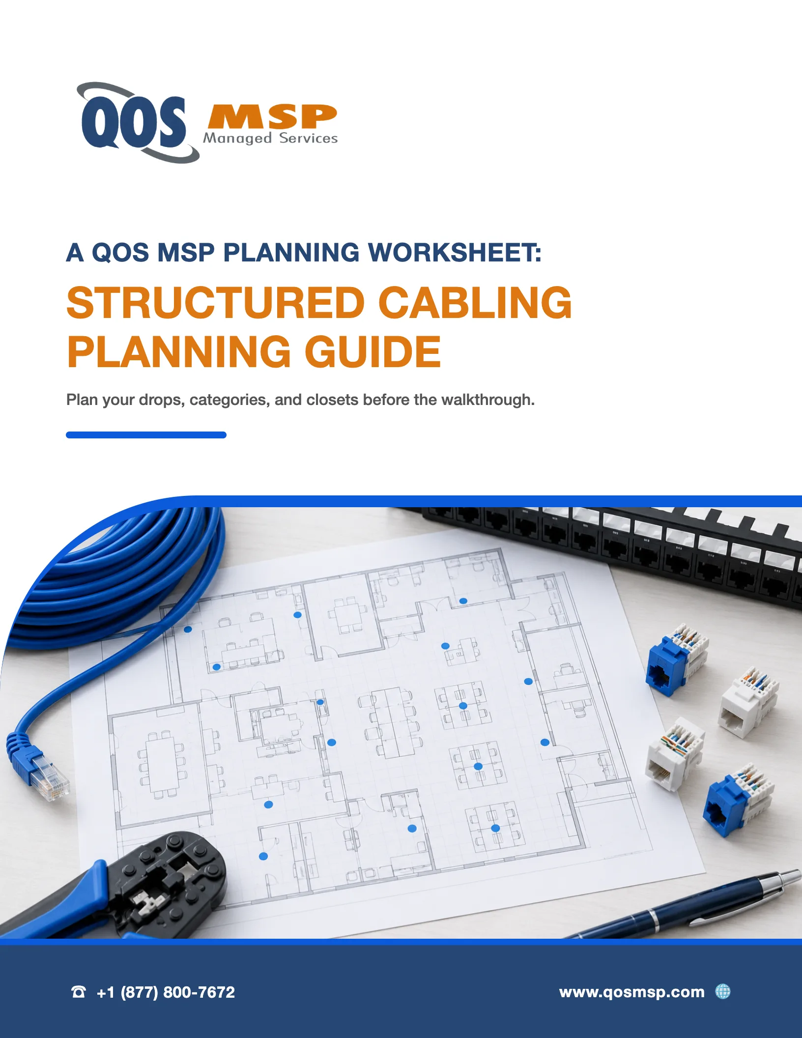 Cover of the Structured Cabling Planning Guide — a QOS MSP worksheet for planning drops, cable categories, and closets.