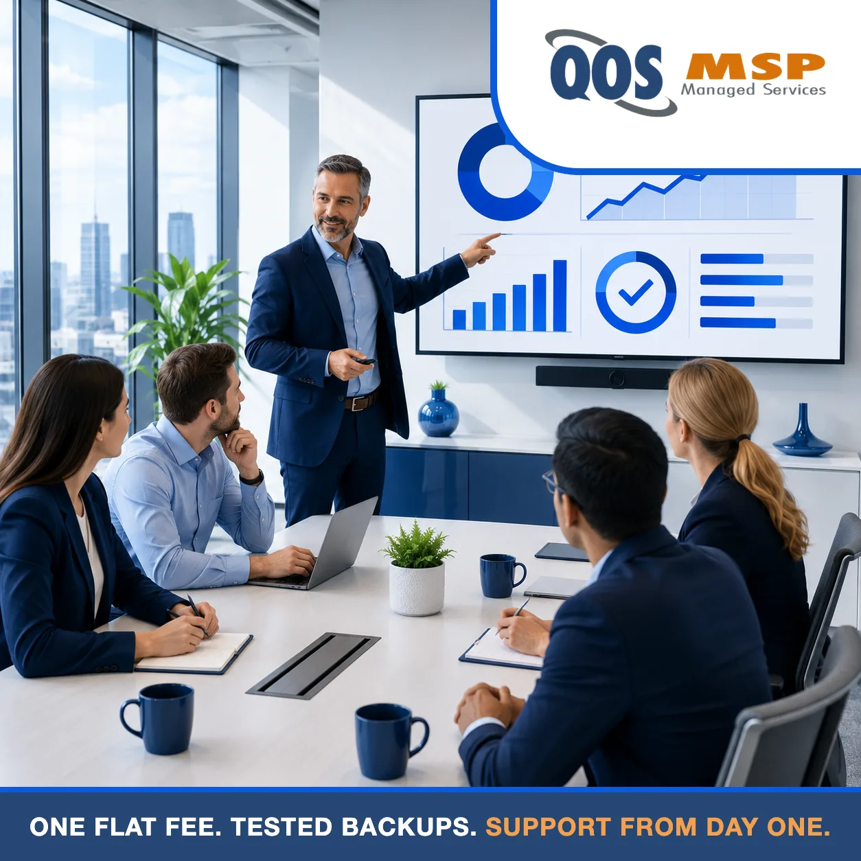 Business team reviewing IT results on a wall display with an upward trend and checkmark — one flat fee, tested backups, support from day one