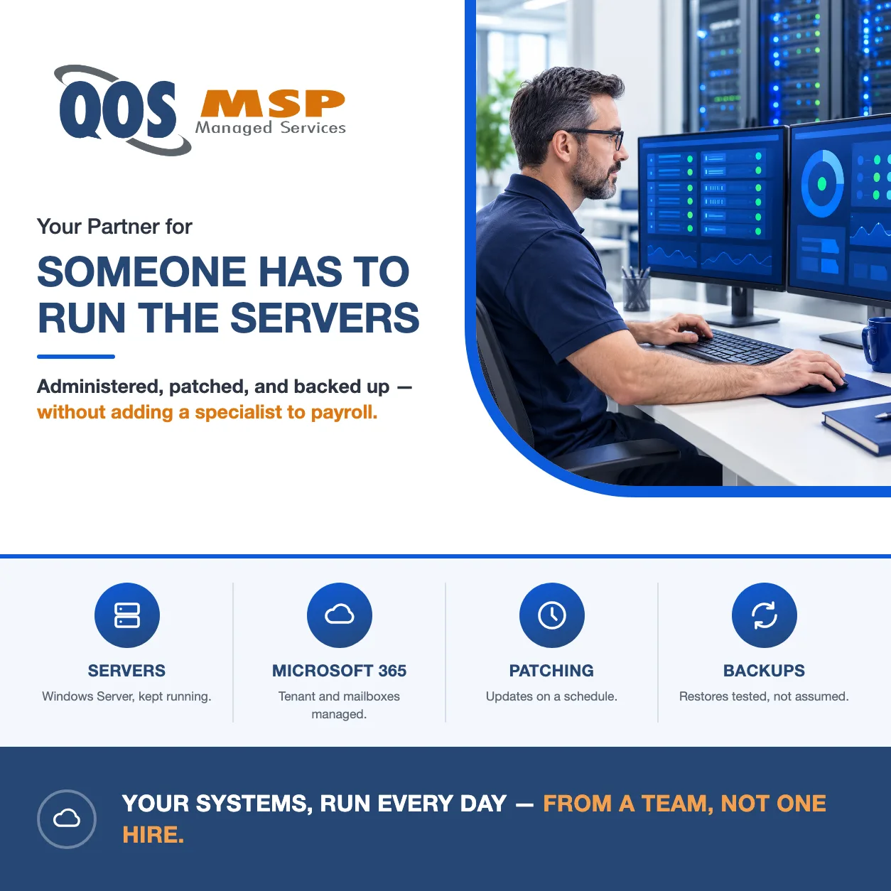 System administrator monitoring a server-health dashboard on dual monitors