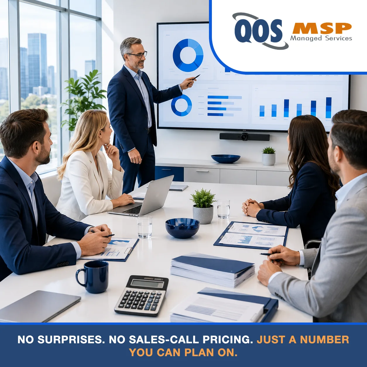 Executive team reviewing IT costs on a wall dashboard — transparent, published managed IT pricing from QOS MSP