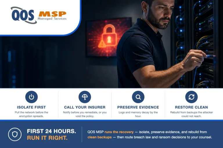 What to do after a ransomware attack — an IT responder unplugging a network cable from a server rack in a dim after-hours data center as a red warning glows on a monitor behind