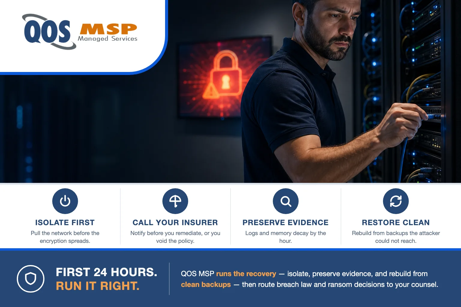 What to do after a ransomware attack — an IT responder unplugging a network cable from a server rack in a dim after-hours data center as a red warning glows on a monitor behind