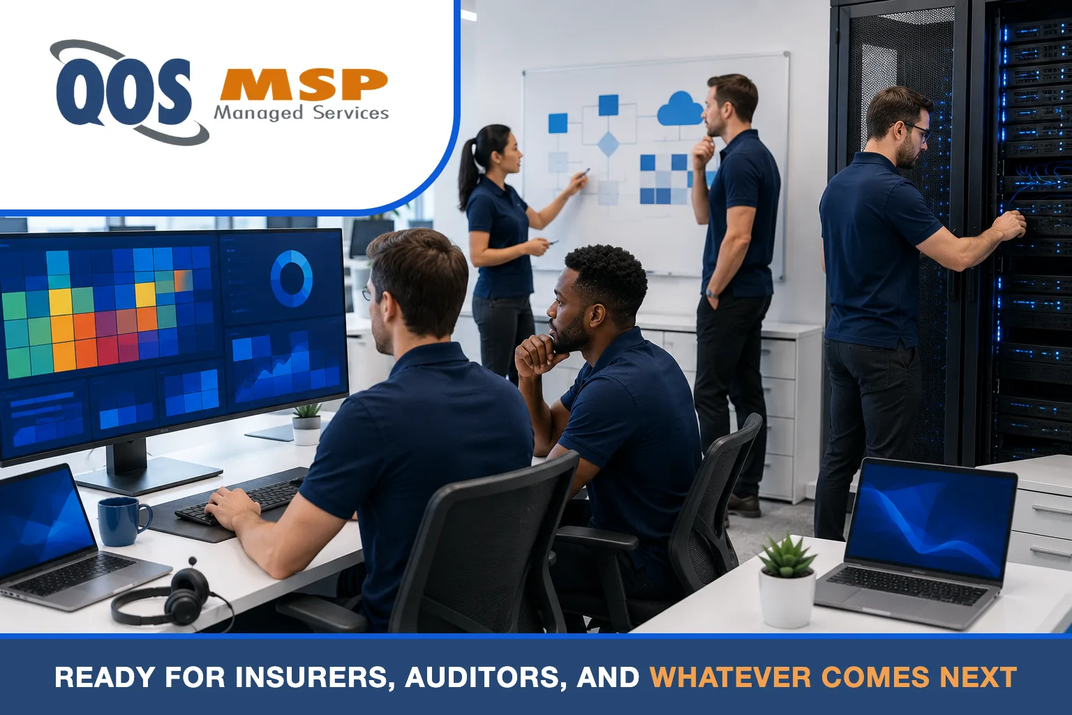 QOS MSP IT team performing a cyber risk assessment in a modern office
