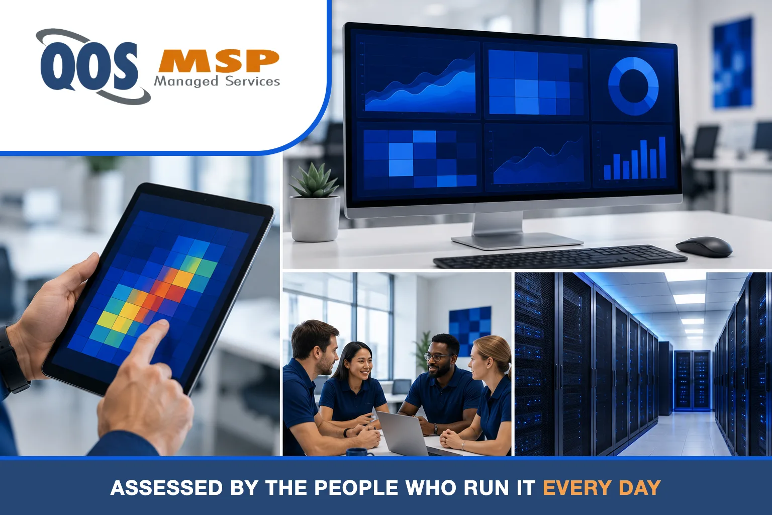 QOS MSP assessors reviewing risk heat-maps, security dashboards, and server infrastructure