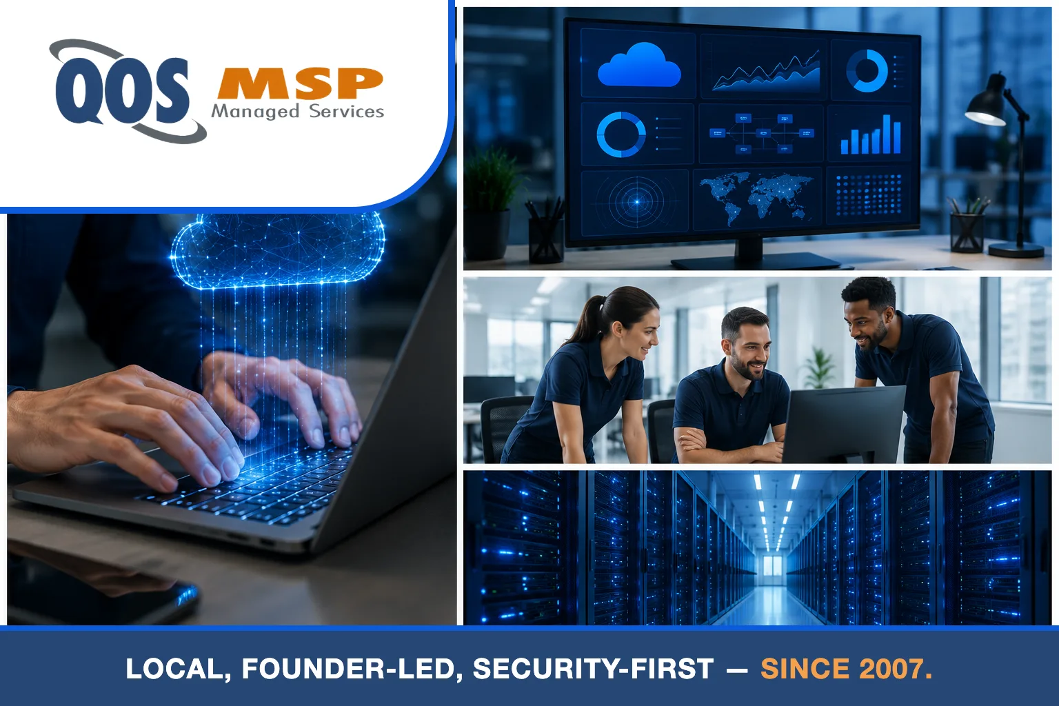 Four-panel collage of QOS MSP Azure work — cloud engineering, dashboards, team collaboration, and data center