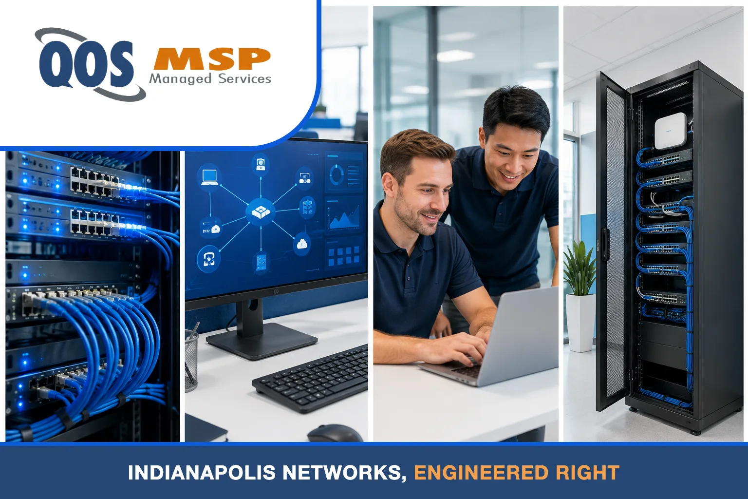 Four-panel grid of QOS network work — cabled switch rack, topology dashboard, engineers in navy polos, and a tidy network closet.