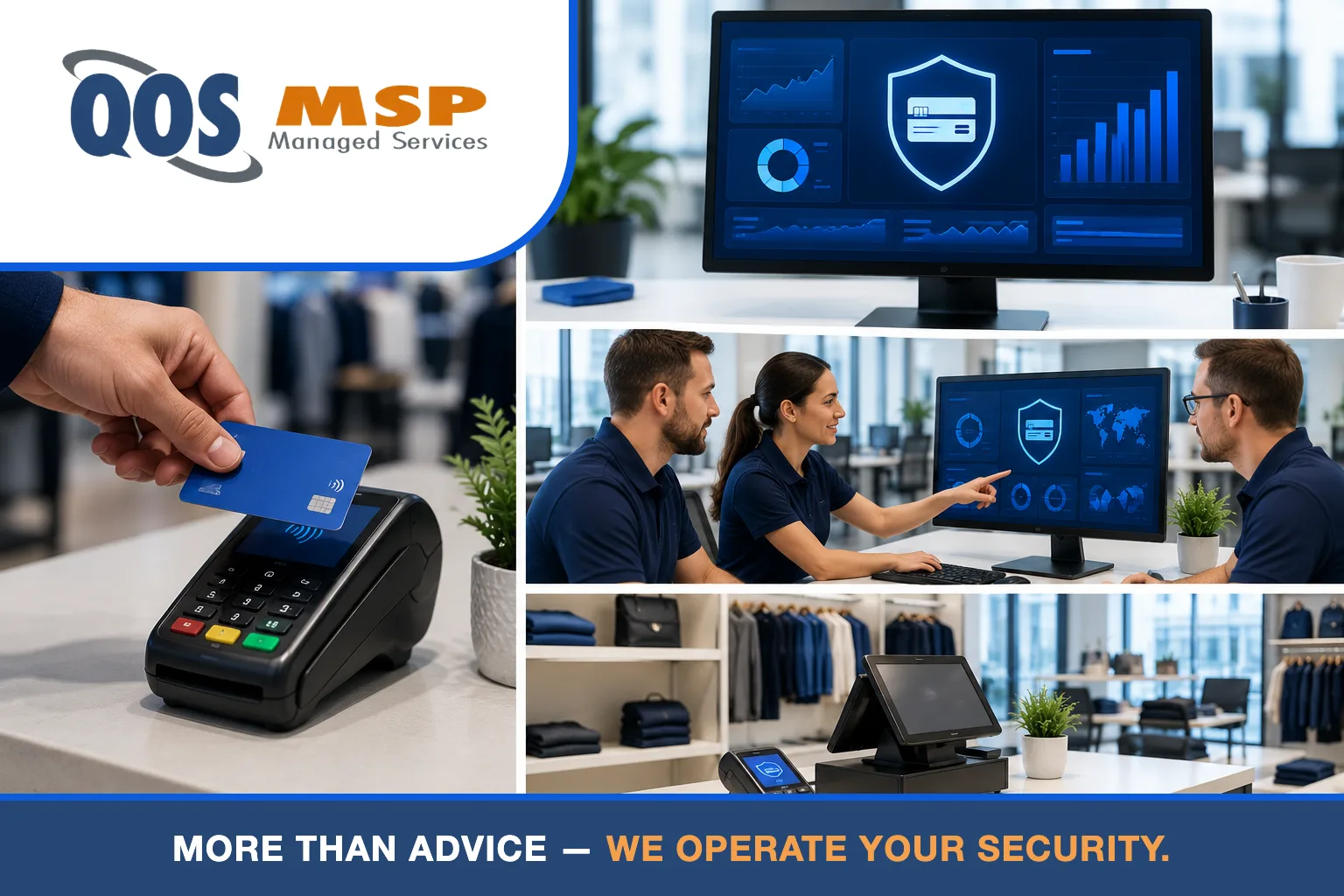 Four-panel collage of PCI DSS compliance work - card tap on a terminal, compliance dashboard, QOS team, retail checkout