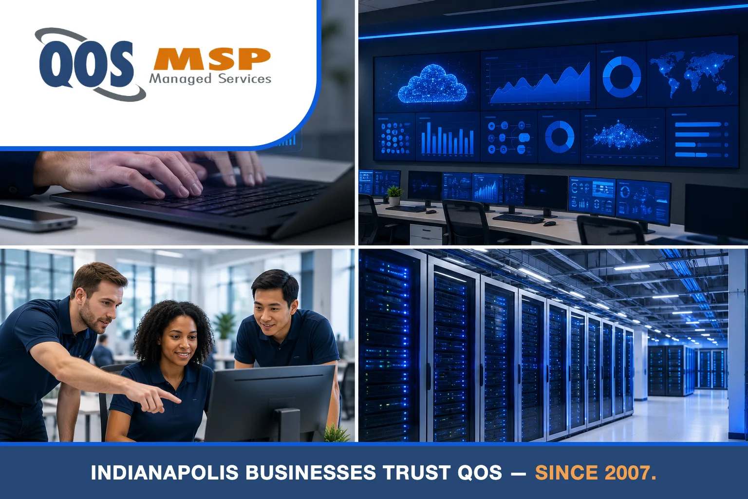 Four-panel collage — cloud console close-up, operations dashboards, QOS team in navy polos, and blue-lit server racks