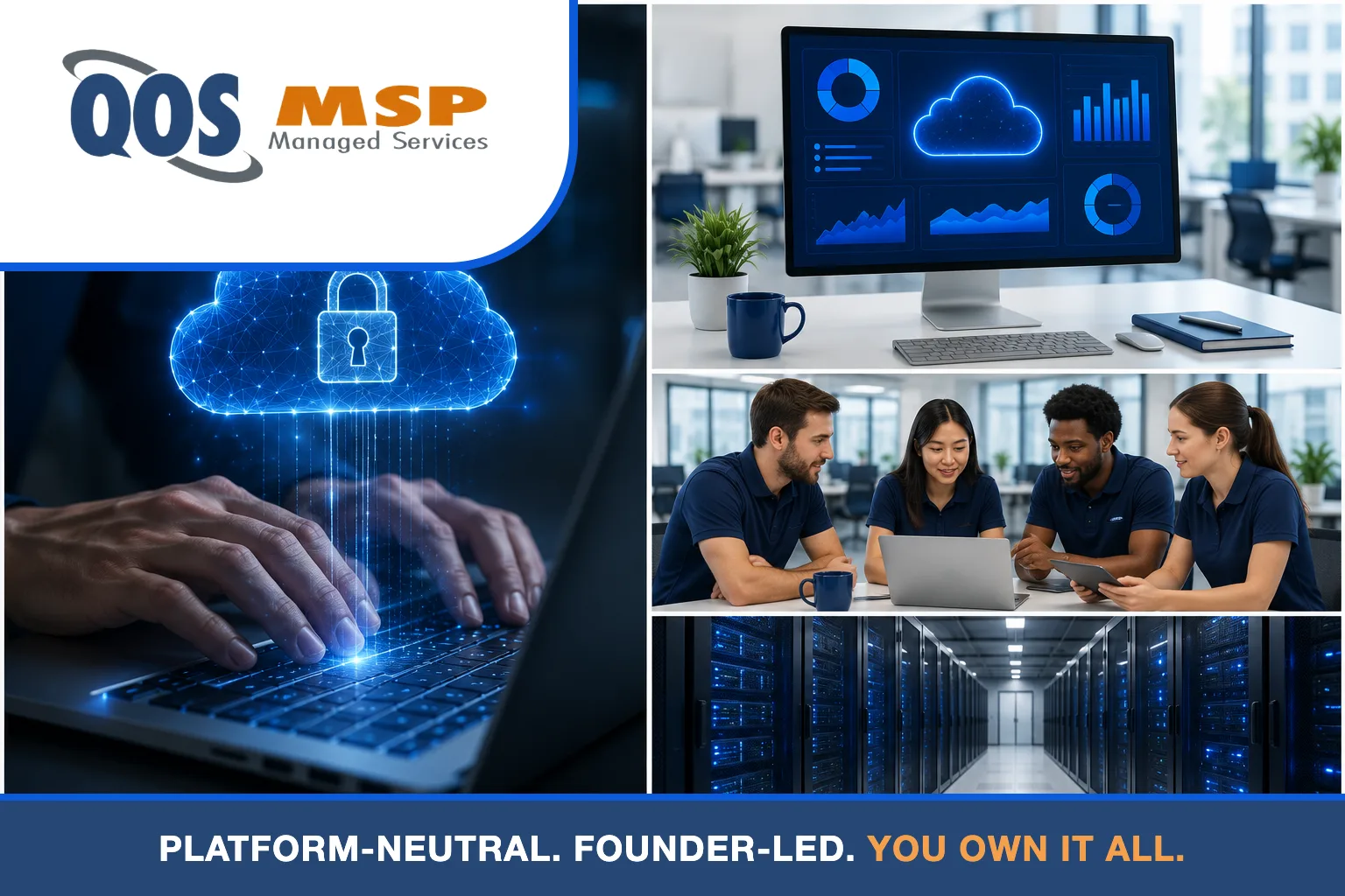 Cloud security, dashboards, team, and data center collage
