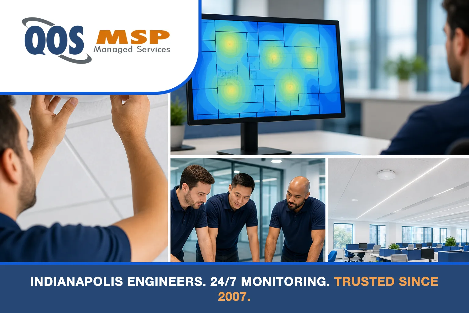 QOS MSP technicians installing business Wi-Fi access points in Indianapolis