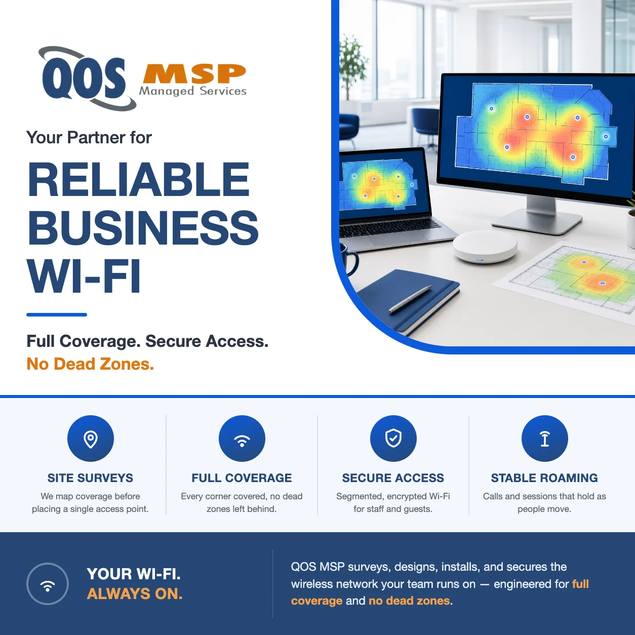 Wireless site survey and coverage heatmap for a business Wi-Fi network