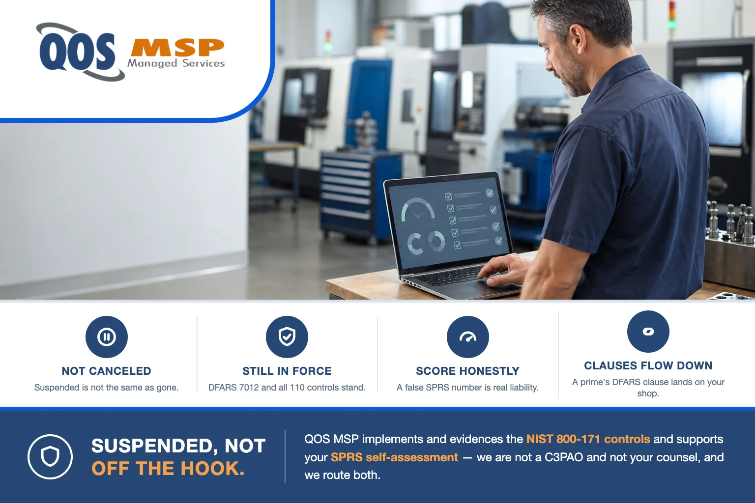 CMMC suspended — a machine shop manager reviews a NIST 800-171 compliance checklist on a laptop on the CNC production floor