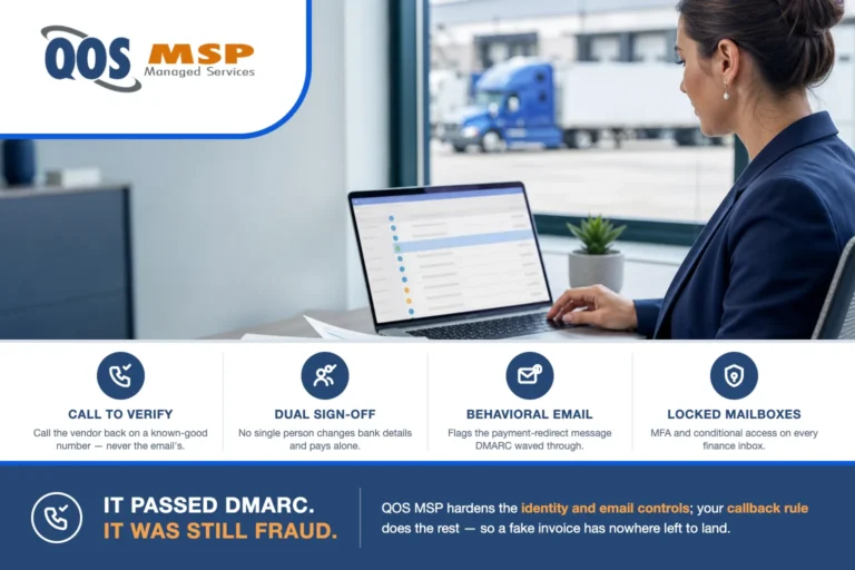 Logistics accounts-payable desk reviewing freight invoices on paper and a laptop, illustrating the freight invoice fraud risk finance teams verify out of band