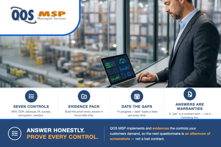 Operations manager in a glass office reviewing how to answer a security questionnaire on a laptop above a fulfillment floor