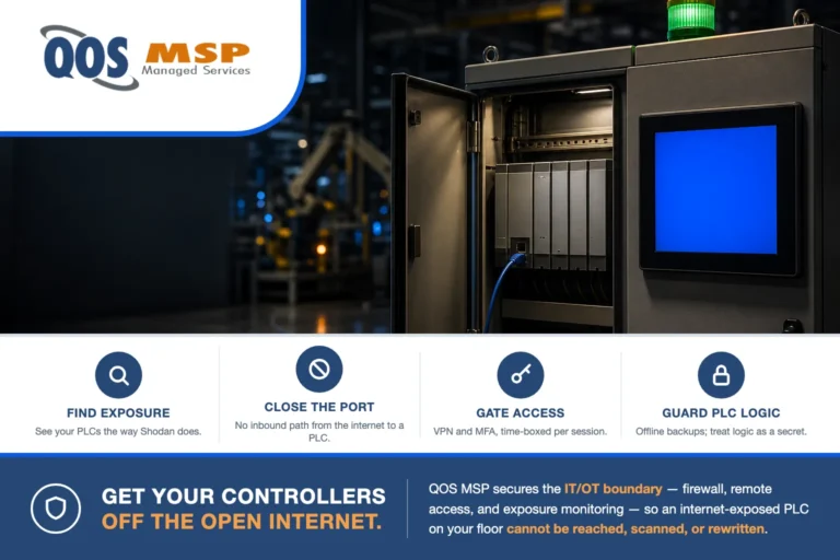 Open plant-floor control cabinet with an exposed PLC rack, stack light and glowing HMI panel and an Ethernet cable patched out - internet-exposed PLCs risk on a manufacturing floor