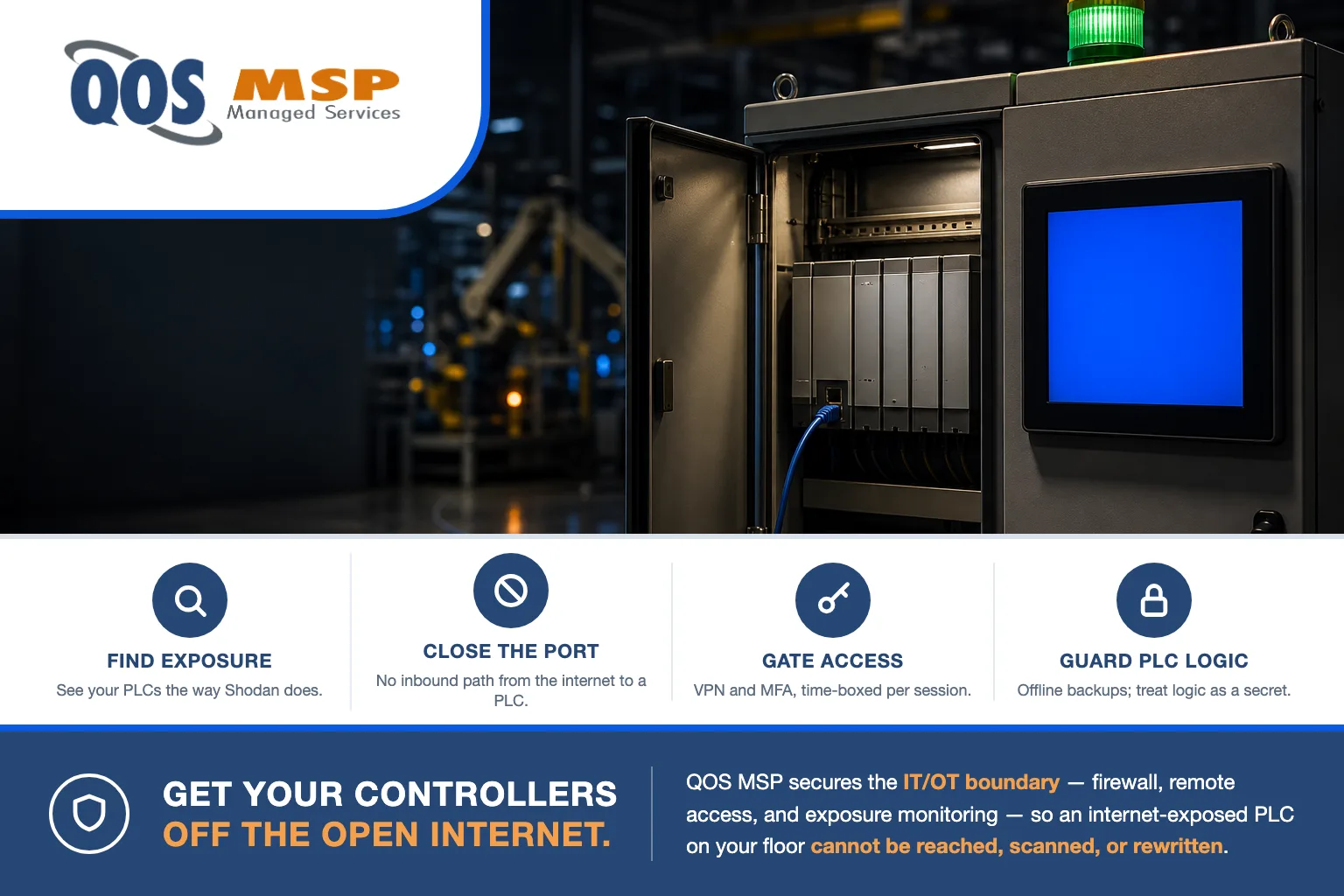 Open plant-floor control cabinet with an exposed PLC rack, stack light and glowing HMI panel and an Ethernet cable patched out - internet-exposed PLCs risk on a manufacturing floor