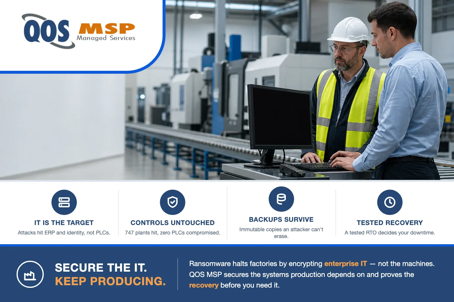 Manufacturing ransomware halts a production line — idle CNC and conveyor equipment while a plant manager and IT technician stand at a workstation with a dark, locked screen