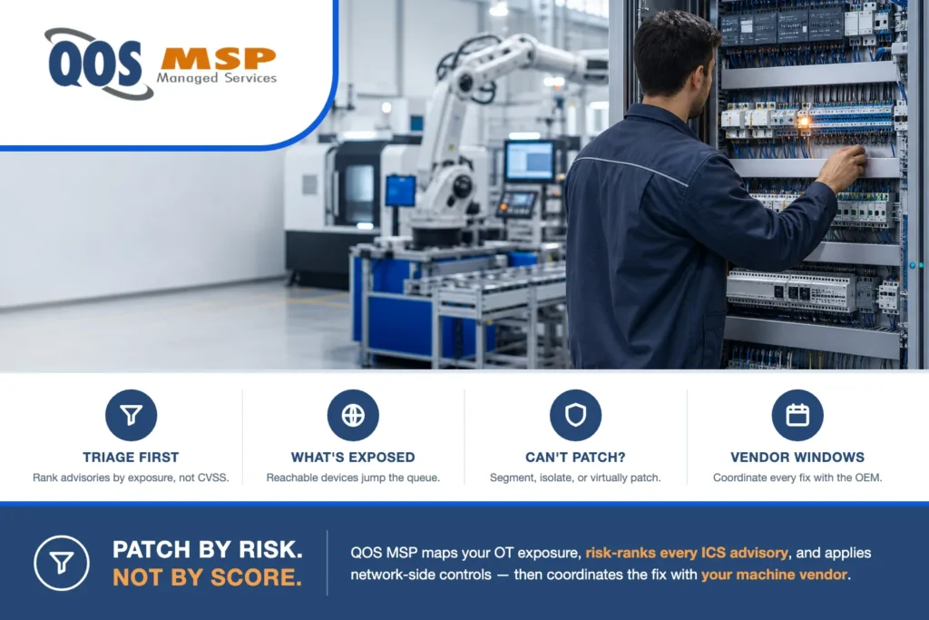 An open industrial control cabinet with a PLC and neatly wired terminal blocks on a manufacturing floor, a maintenance technician inspecting the panel — OT patch triage for manufacturers