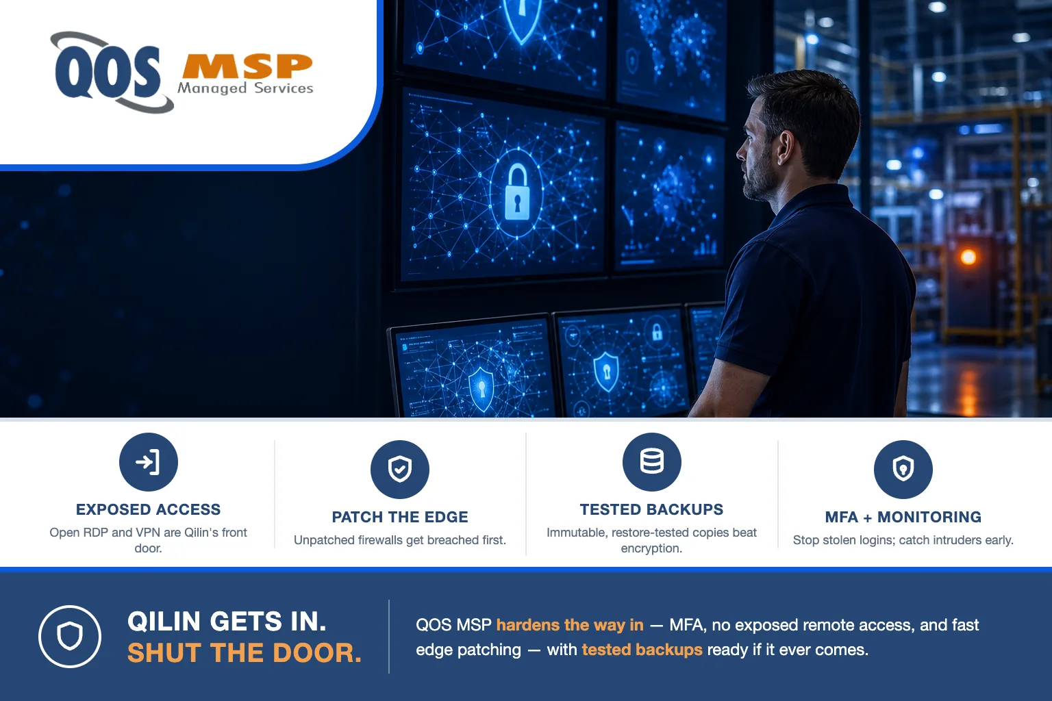 Qilin ransomware defense for manufacturers and 3PLs — an IT security specialist monitoring network-defense screens in a manufacturing plant control room, cool blue light with a contained warm-amber alert glow