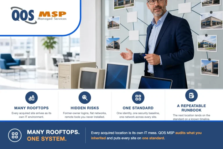 Operations leader of a multi-store auto group at a planning wall while standardizing IT across multiple locations, mapping mismatched inherited equipment onto one clean standard